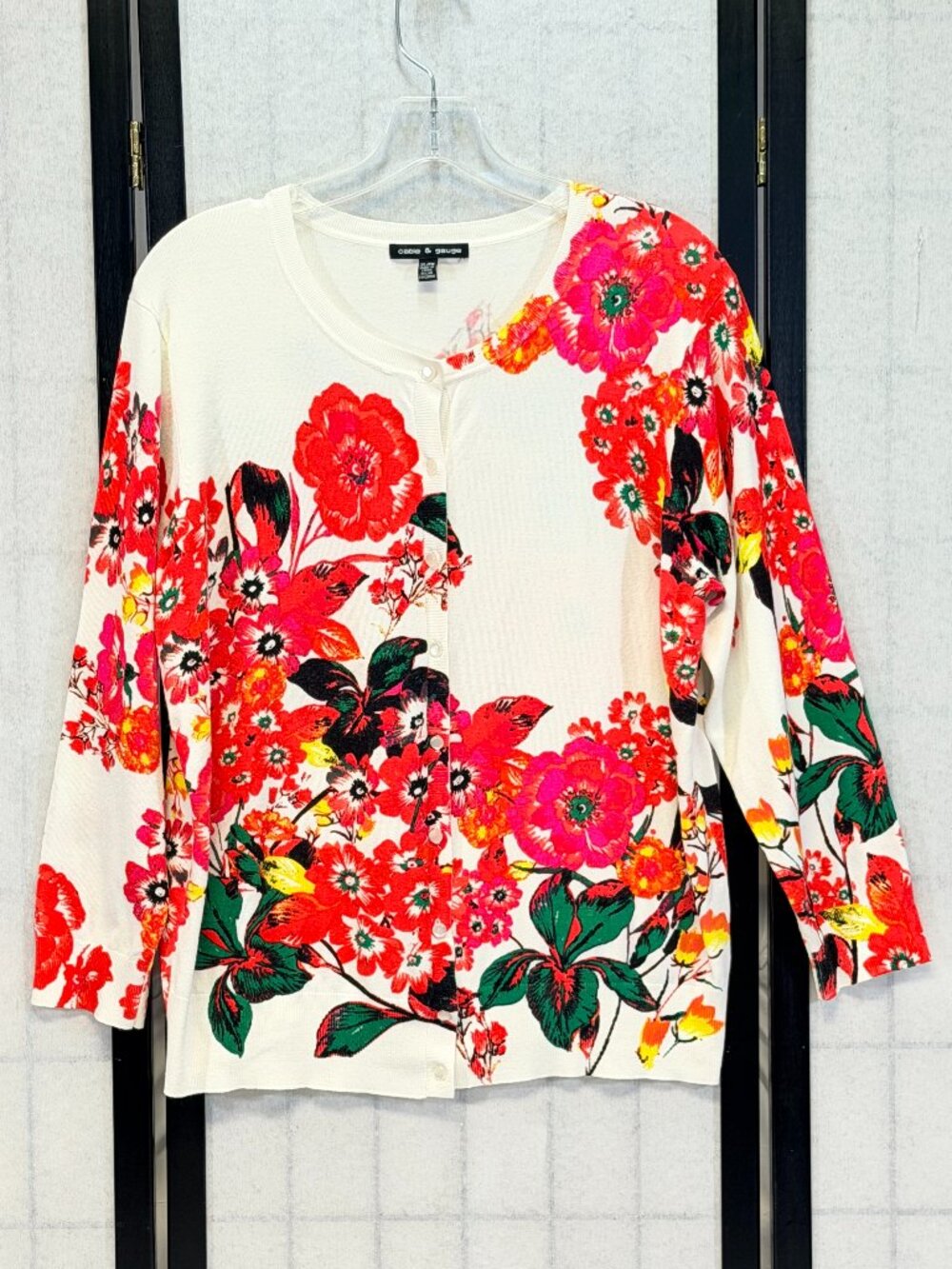 Cable & Gauge Floral Cardigan Sweater Button Up Crew Neck White Pink Red XL